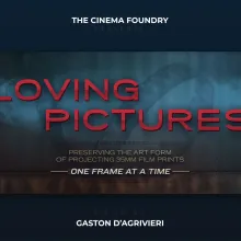 A dark film frame with the text "Loving Pictures" over it in red letters