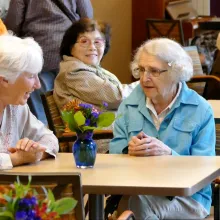 A group of senior citizen women sit and talk