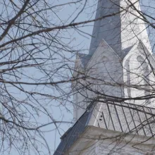 Photo of a white steeple partially hidden behind bare tree branches. 