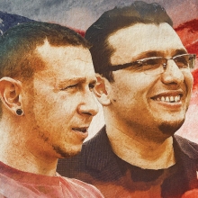 A painting of two men in front of an American flag