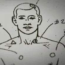 diagram of male body with markings of bullet entrance wounds