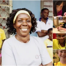 A compilation of photos of diverse children and instructors smiling and working on crafts.