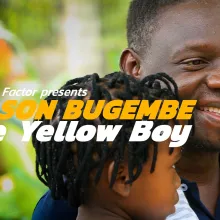 Close up of a Black man and child in front of a green background with the text "Wilson Bugembe: The Yellow Boy" superimposed over them