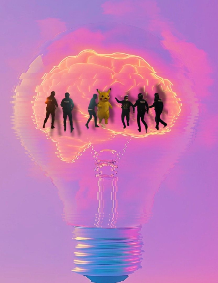 Bright purple backdrop featuring a digital image of a lightbulb where a genAI image of Pikachu is surrounded by cops