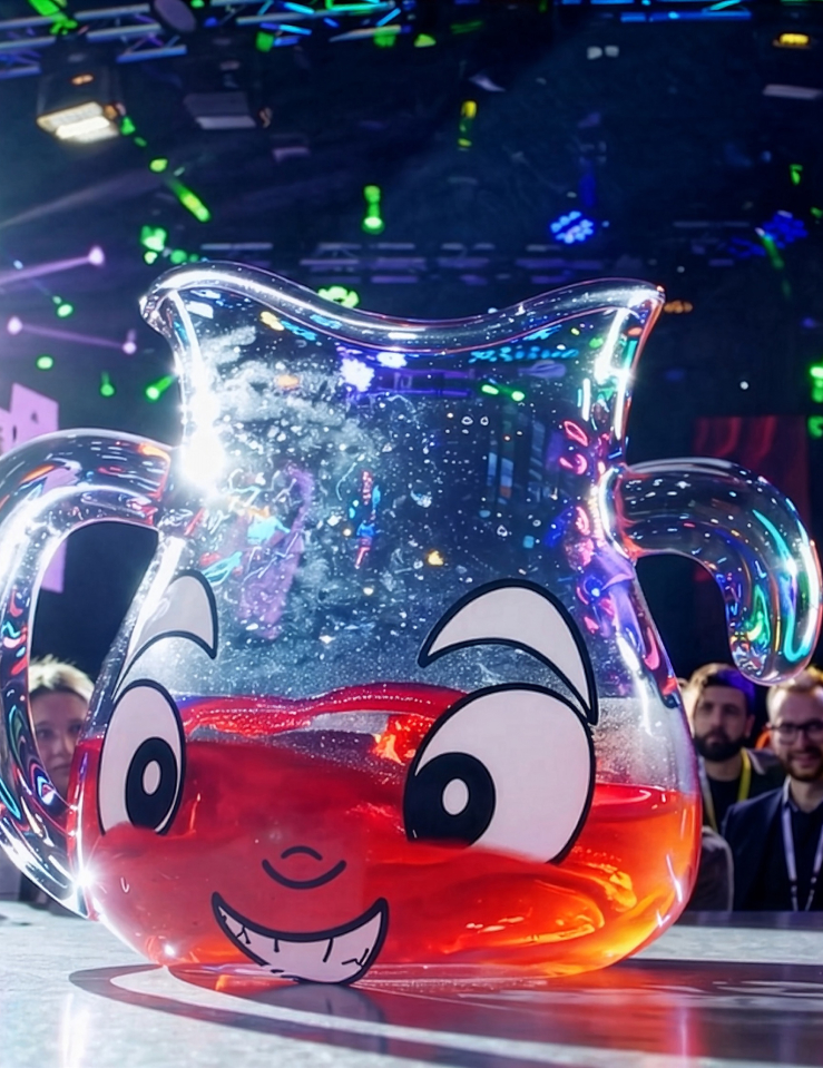A CGI-rendered Kool-Aid-looking juice jug stands on a stage at a convention with men with lanyards looking in the audience