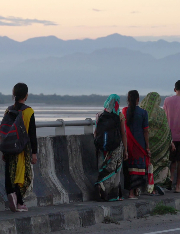A group of men in colorful shirts and women in colorful saris walk along a sidewalk on a bridge, mountains in the distance, with an animated tiger with a backpack picking up the rear