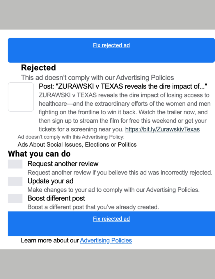 A communication from Meta that outlines why a certain ad was rejected