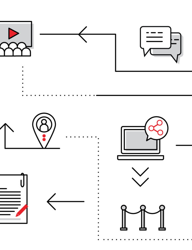 Graphics of calendars, gears, chat bubbles, theatres, papers, computers, tickets, pie charts, and projectors with arrows pointing to one another