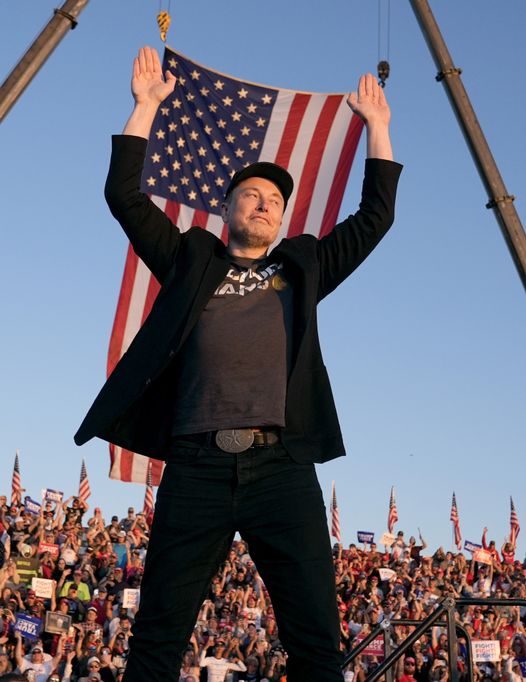 A man in a black suit jacket, grey T-shirt and black cap (Musk) stands smiling with arms raised above his head, looking to his left out of the corner of his eye. A massive American flag flies behind him from two cranes, hanging above a bleacher filled with people holding Trump Vance signs and a row of more American flags